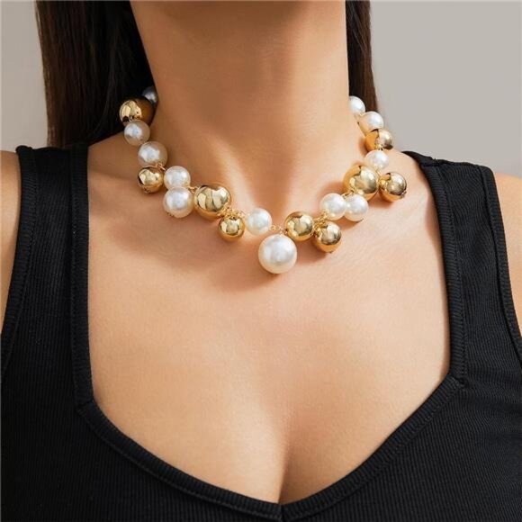 Chunky Gold Pearl Choker Necklace | Statement Jewelry - Picture 3 of 6